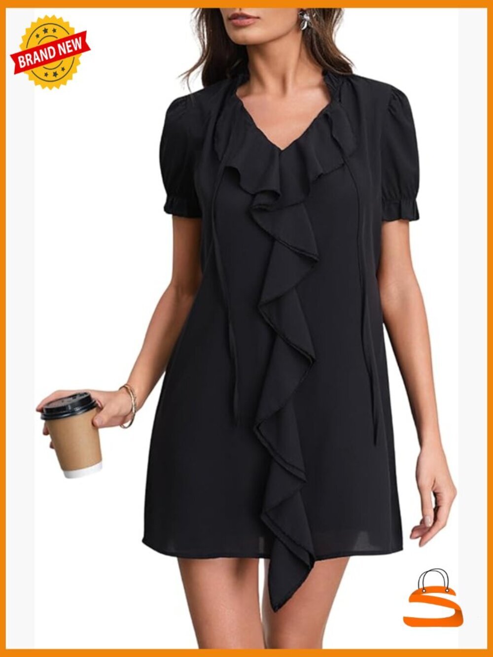 Ruffle V Neck Puff Short Sleeve Shift Dress Summer Casual Mini